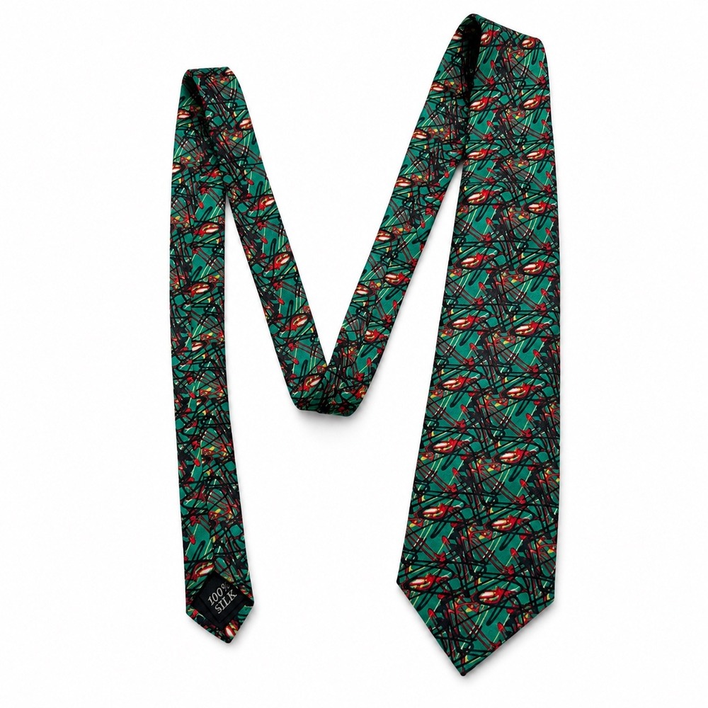 Vintage City Streets 100%‎ Silk Abstract Scribble Necktie Green Red 90s JCPenney
